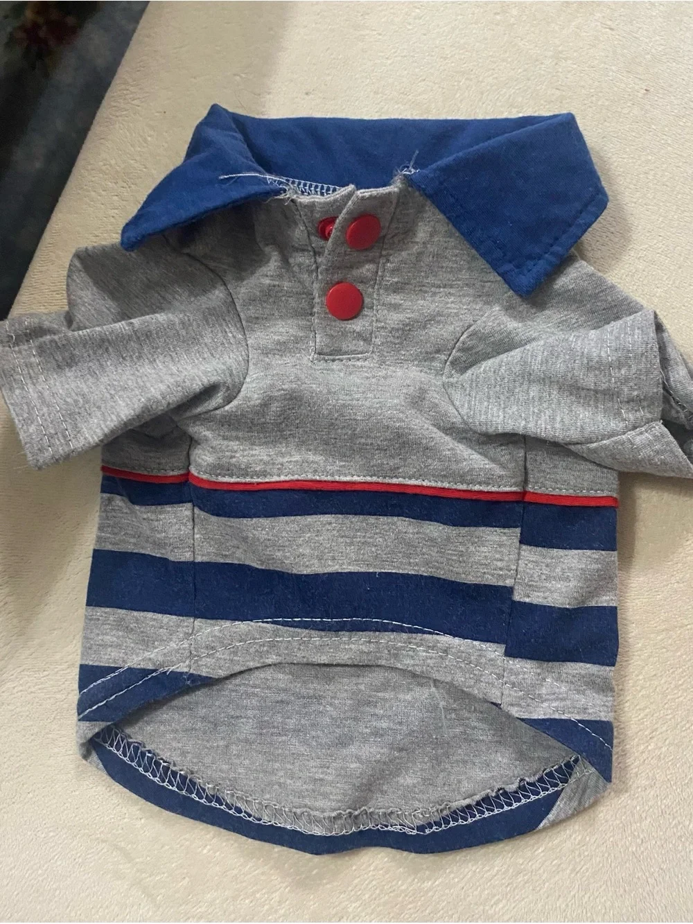 Ellen Degeneres Gray & Navy Striped Dog Top with Red Trim